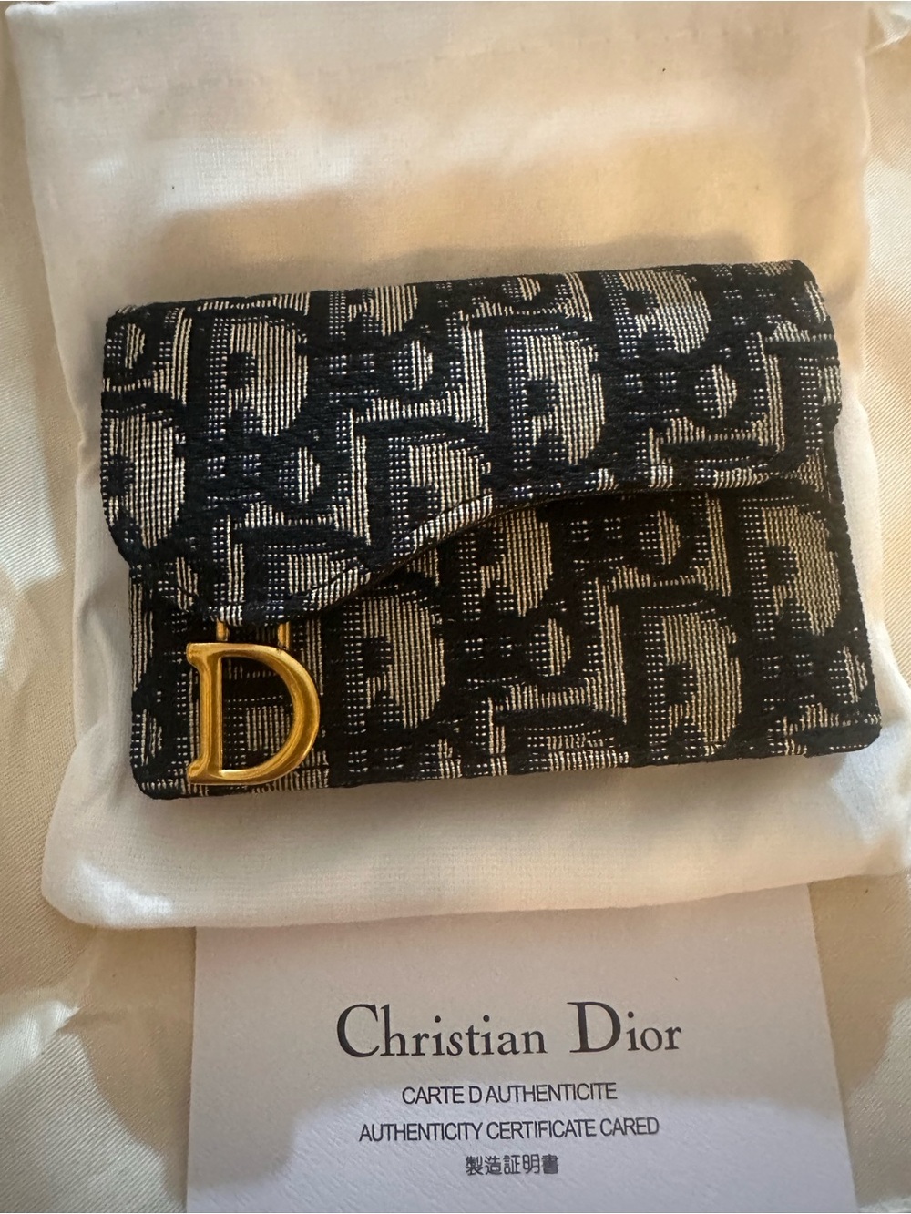 Dior Black & Beige Oblique Jacquard Card Holder with Gold D Accent